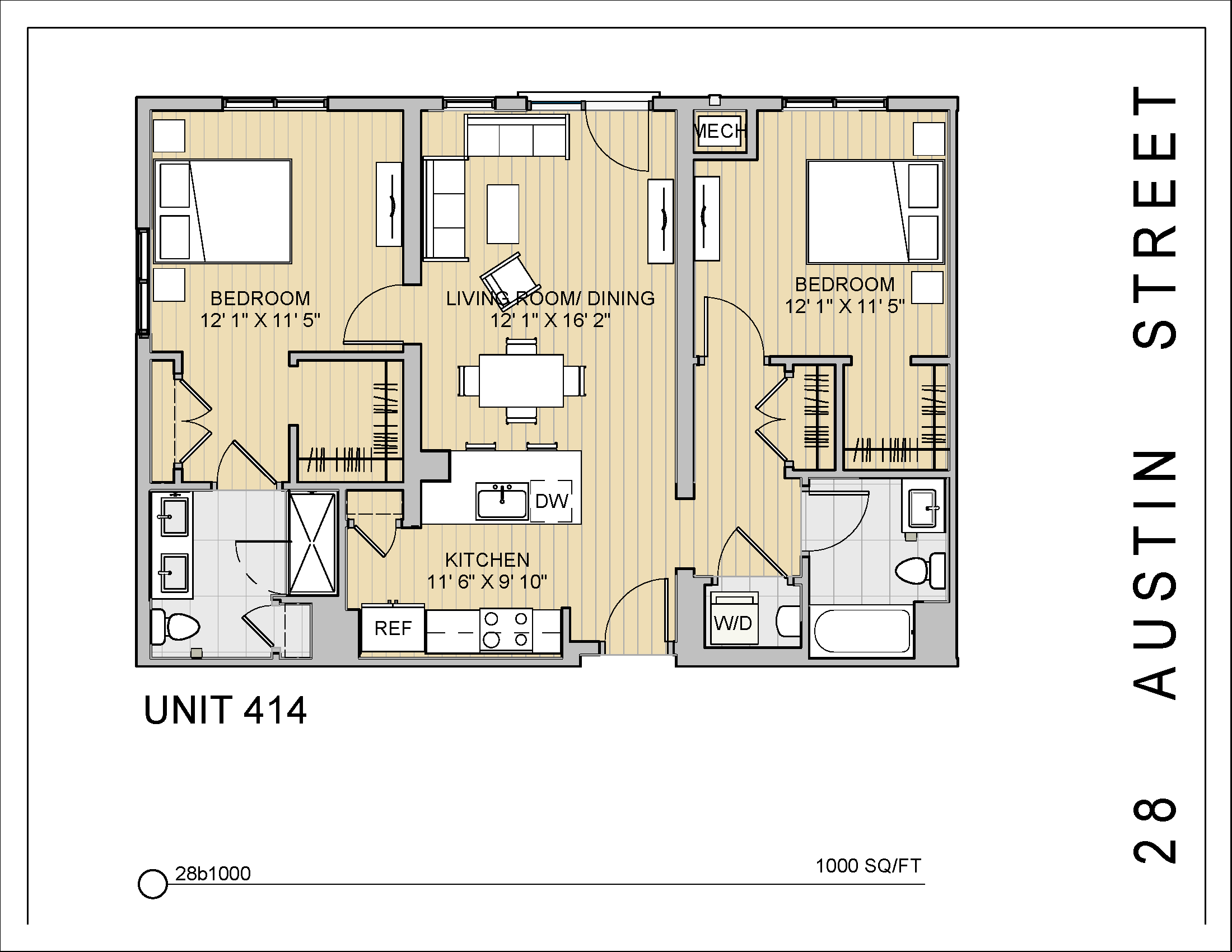 Floor plan for 2 beds, 2 baths, 1000 sqft